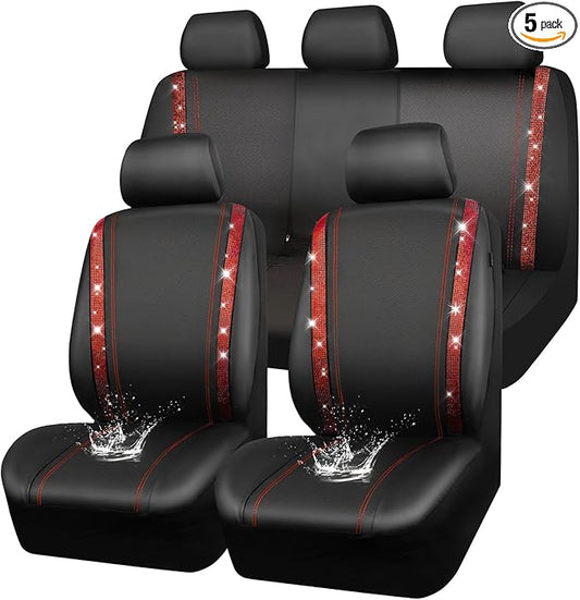 CAR Pass Bling Car Seat Covers Full Set, Shining Rhinestone Diamond Waterproof Faux Leather, Rear with Zipper, Universal Fit Automotive Glitter Crystal Sparkle Strips for Women Girl, Black Red