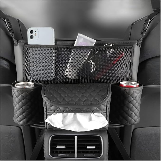 zipelo Car Handbag Holder Between Seats, PU Leather Multi-Pocket Large Capacity Purse Holder, Auto Net Bag Barrier of Backseat Pet Kids, Car Seat Organizers and Storage for Cargo Tissue Cup (Black)