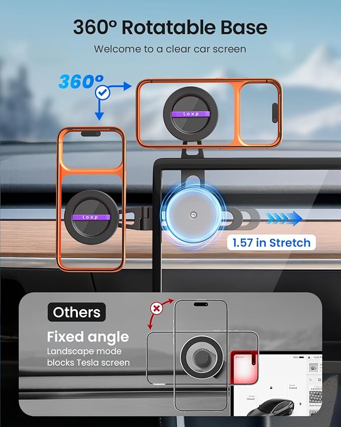LOXP Upgrade Tesla Phone Mount [Strong Magnetic & Foldable] Aluminum Car Mount for Tesla Model 3/Y/Juniper, 360 Rotating Tesla Phone Holder Fits for iPhone 17 16 15 Pro Max, Tesla Accessories