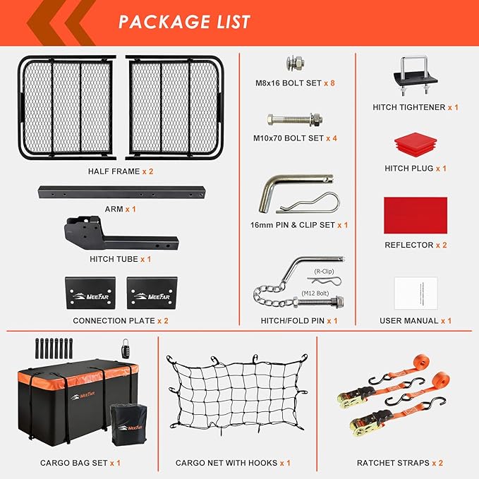 Hitch Mount Cargo Carrier Basket 60"*25"*6"+Waterproof Bag 25 Cubic Feet(60"*24"*31"),and Cargo Net with Attachment Hooks,Ratchet Straps,Hitch Stabilizer.500 Lbs Capacity,foldable,fit 2" Receiver