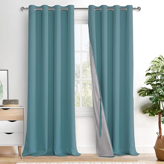 XWZO 100% Blackout Curtains - Thermal Insulated Black Liner Curtains, Noise Reducing and Heat Blocking Drapes for Hall and Studio Windows with Tiebacks, Stone Blue, W52 x L95, Set of 2