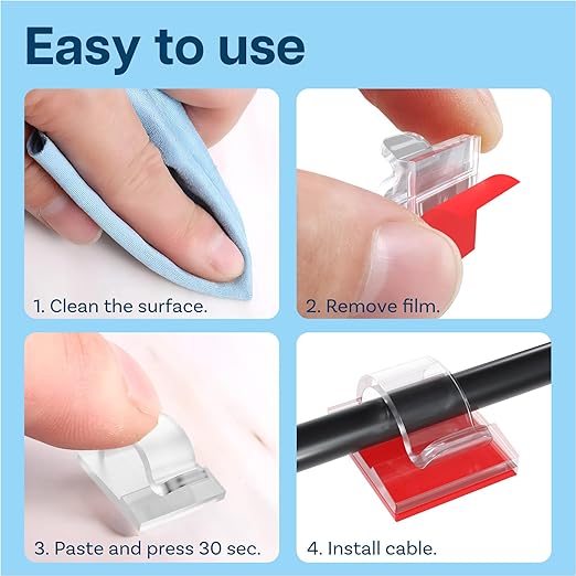 MMOBIEL 60pcs Self Adhesive Cable Clips – Wire Holder Clear Hooks Cord Organizer – Cable Management for Under Desk, Wall, Car, Office, Electrical Wires etc. – Wire Organizers Diameter 0.26 inch