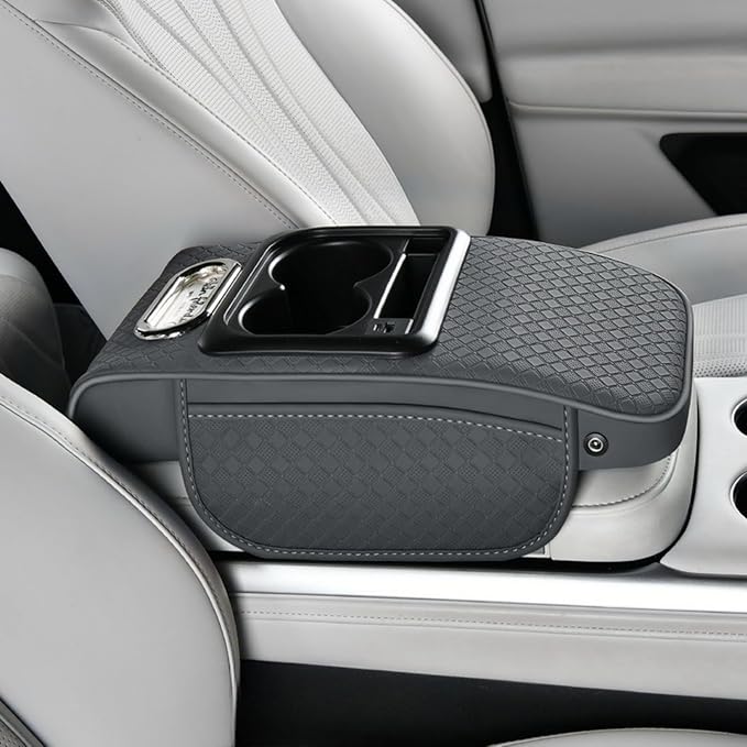 2026 Enhanced Car Center Console Armrest Cushion with USB& Type-C Charging, PU Leather Console Pad with Cup Holders, Storage& Tissue Outlet for Most Vehicles (Sloped Version, Grey)