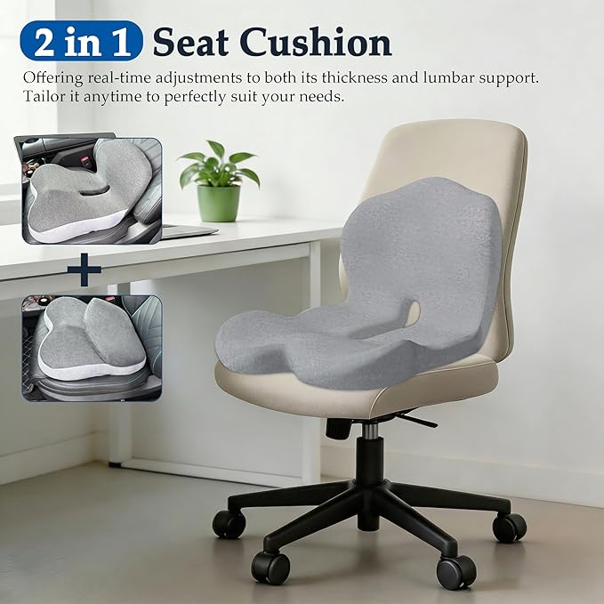 Onever Ergonomic Memory Foam Seat Cushion, Lumbar Support Non Slip for Truck Driver Long Driving Office Chair Back Tailbone Pain Relief Grey