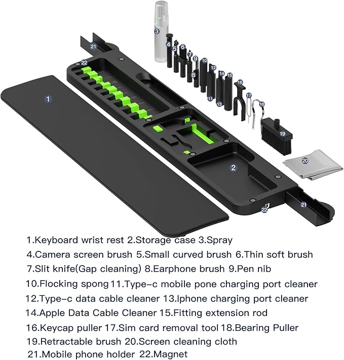 Ergonomic Keyboard Wrist Rest Cleaning Kit, 22 in 1 Cleaning Kits Wrist Rest for Keyboard, Non-Slip Springy Sponge Keyboard Rest Pad with Deep Cleaning Cleaning Tools for Earbuds, Lens, Charging Port
