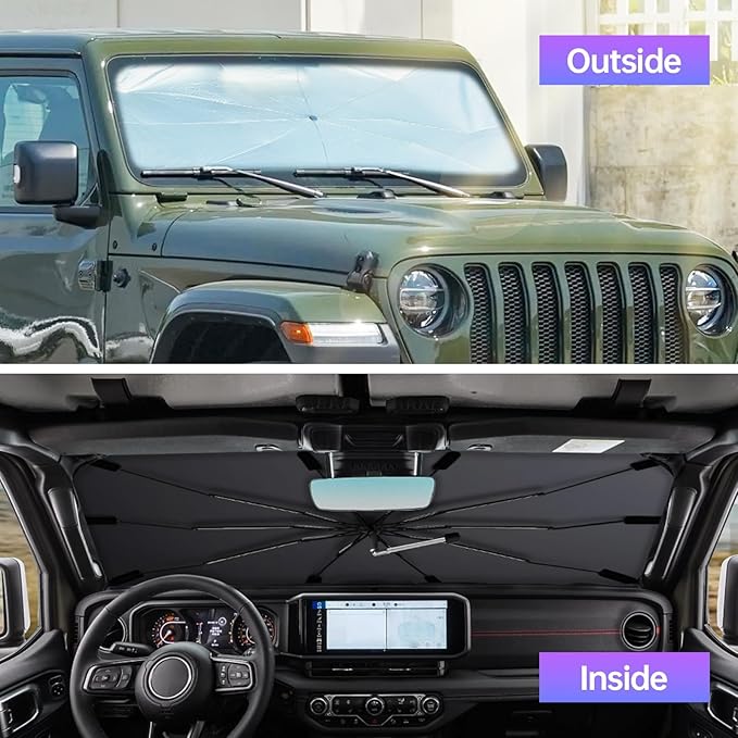[2025 Upgraded] Windshield Sun Shade Umbrella - Foldable Car Sunshade for Jeep Wrangler/Gladiator, for Toyota 4Runner/Land Cruiser, Front Window Sun Shade UV Block & Heat Shield(Small-55"x23")