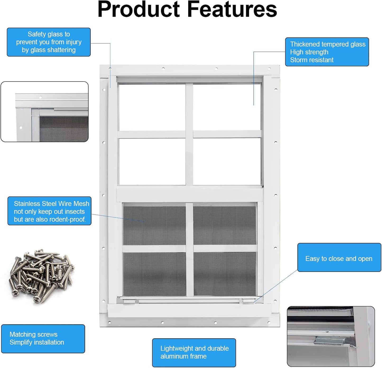 NeatiEase Upgraded Shed Windows 2 Pack, 24" x 24" Windows with Tempered Glass and Stainless Steel Screen for Shed, Chicken Coop, Playhouse, Household, Garage(White)