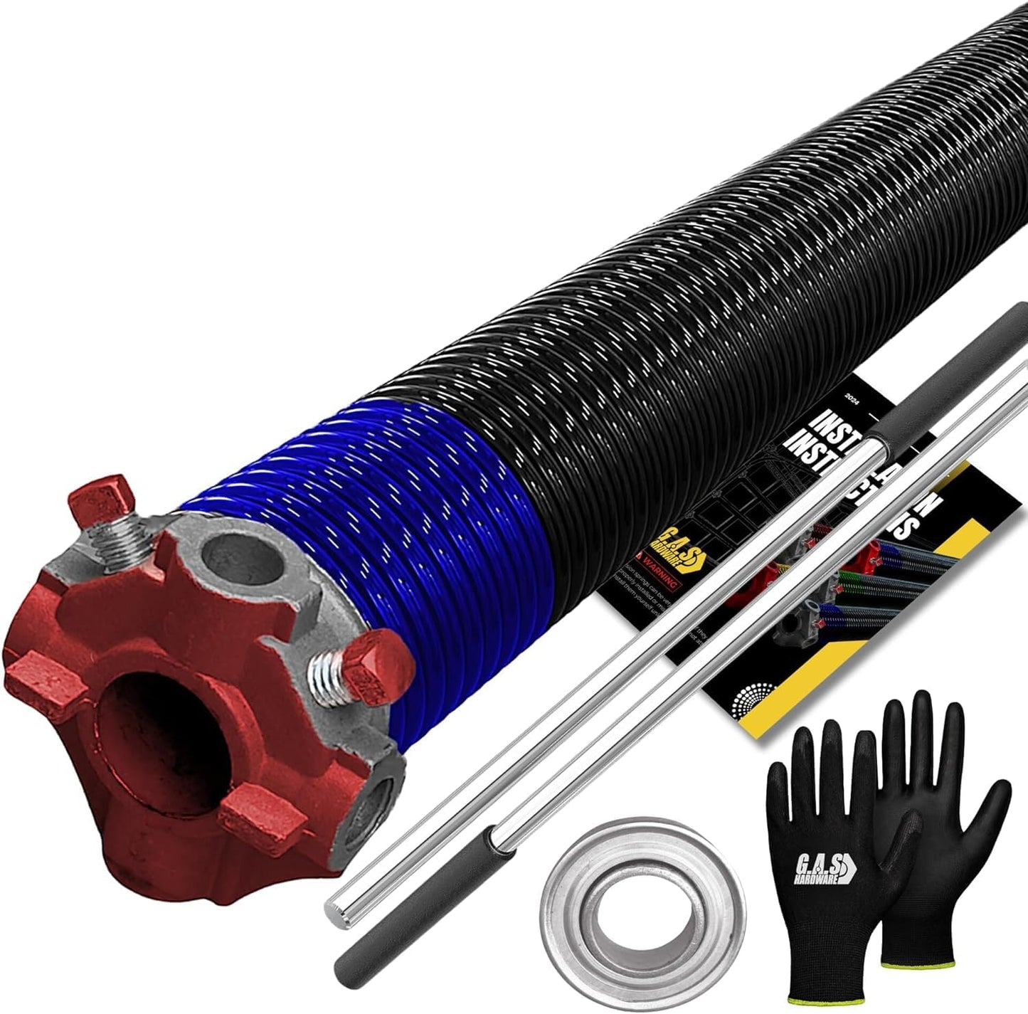 Garage Door Torsion Spring 262x2x38 for Left Side of Garage Door with Winding Bars, 1" Steel Bearing, and Gloves Heavy Duty Precision E-Coating 5-Year Warranty Minimum 30,000 Cycles (Red Cone)