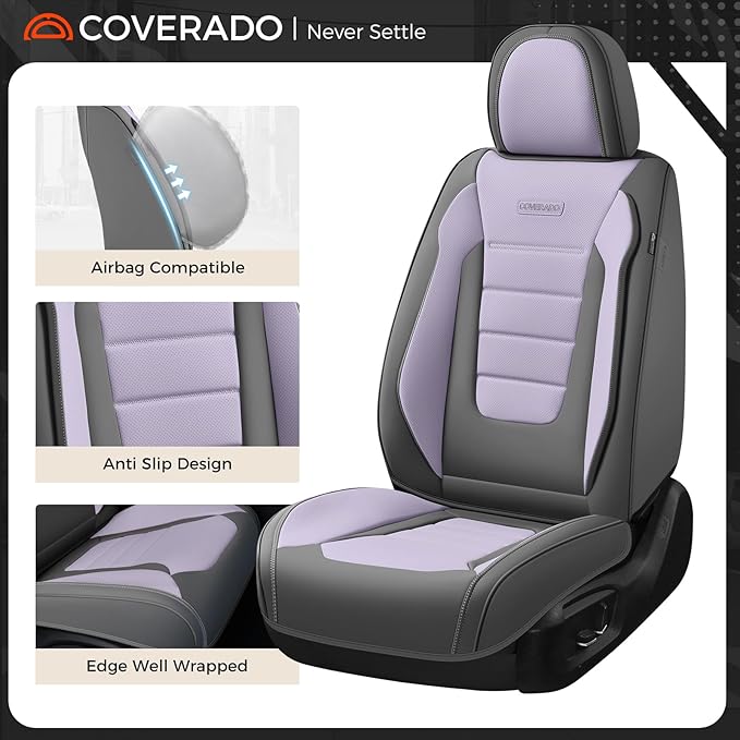 Coverado Car Seat Covers Full Set, Nappa Leather Seat Covers for Cars, Car Seat Protector Car Seat Cushion, Front and Back Seat Protectors Cushions Universal Fit for Most Cars Vehicles(Gray&Purple)