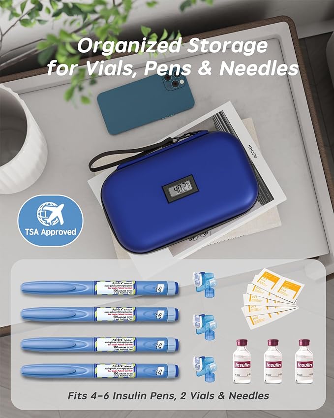 Insulin Cooler Travel Case TSA Approved Medication Cooler with Digital Temp Display 2 Ice Packs for Insulin Travel Case Diabetes Storage 4-6 Pens