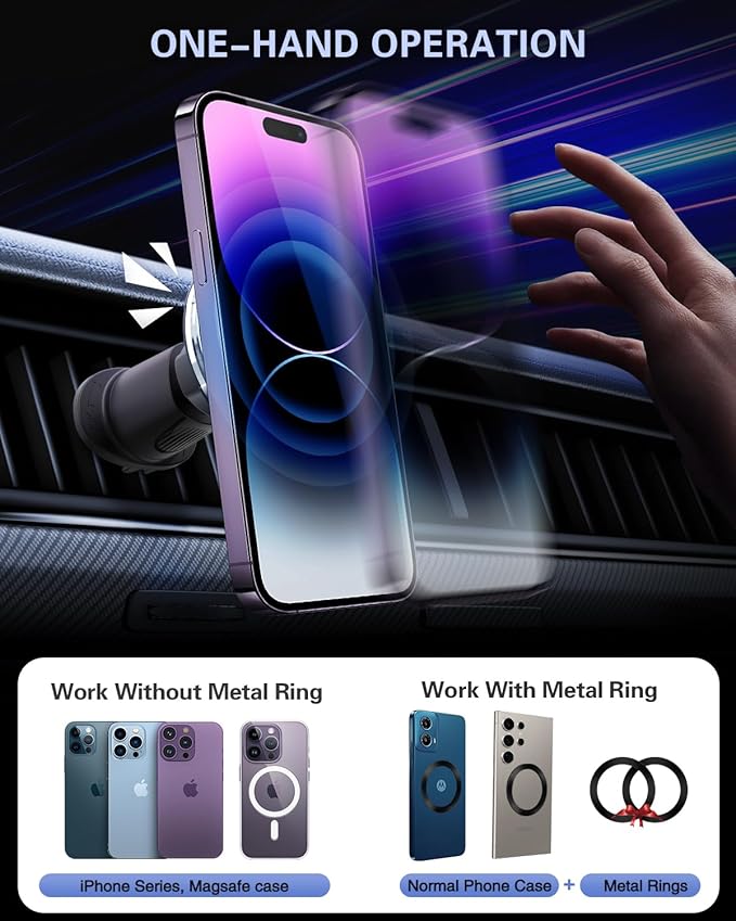 for Magsafe Vent Mount [Horizontal/Vertical]: Ultra Strong Magnetic Car Phone Holder, Circle Magnet Air Vent Stand for Mag Safe Phone Grip, iPhone 16 15 14 Pro Max Samsung Cellphone Case, Ring Holder
