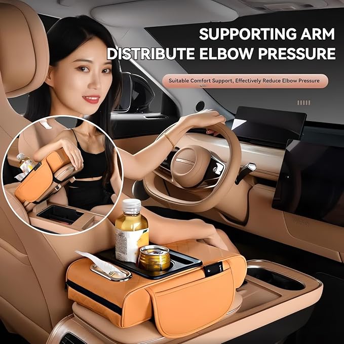 Multifunctional PU Leather Car Armrest Box Mat, 5-in-1 Multifunctional Car Armrest Cushion, Center Console Cover with 2 Cup Holder, For Storing Tissues, Phones, Wallets, Drinks, for Most Cars (Beige)