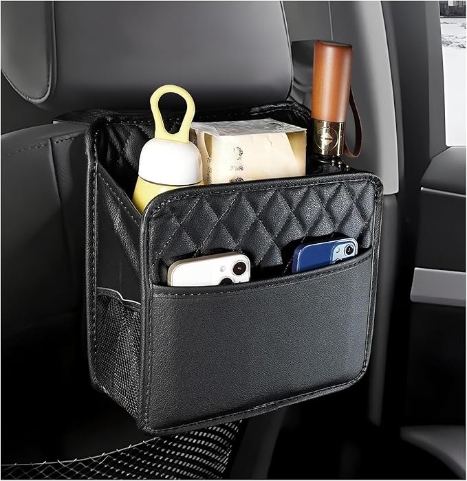 Car Seat Back Organizer, Waterproof Leather Hanging Backseat Organizer with Storage Pockets, Large Capacity Auto Trash Bag Collapsible Document Holder for Most Vehicles