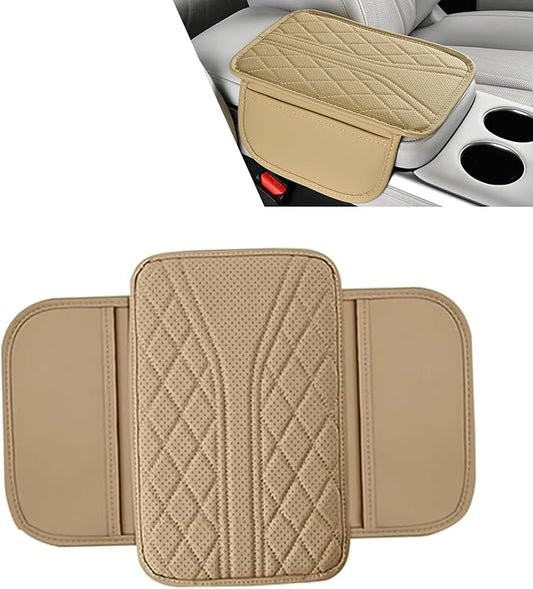 Car Center Console Pad, Leather Car Armrest Box Pad Cover, Vehicle Armrest Protector Cushion with 2 Storage Bags, Universal Arm Rest Pad for Car Interior Accessories Protect (Begie)