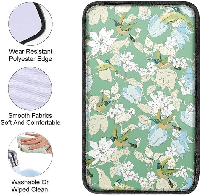 Coldinair Green Hummingbird Floral Car Armrest Cover,Auto Center Console Pad,Soft Seat Cover Protector Cushion,Car Accessories Decor for Most Cars,Sedan,Truck,SUV
