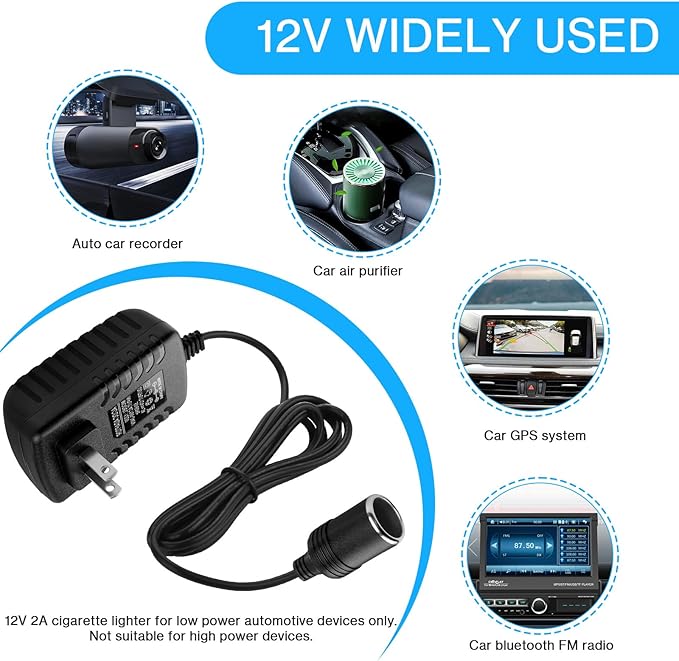 AC to DC Converter 2A 24W Car Cigarette Lighter Socket Adapter Power Cable 110-240V to 12V AC/DC for Automobile Home Use Car to Wall Plug（Under 24W only） (Pack of 1)