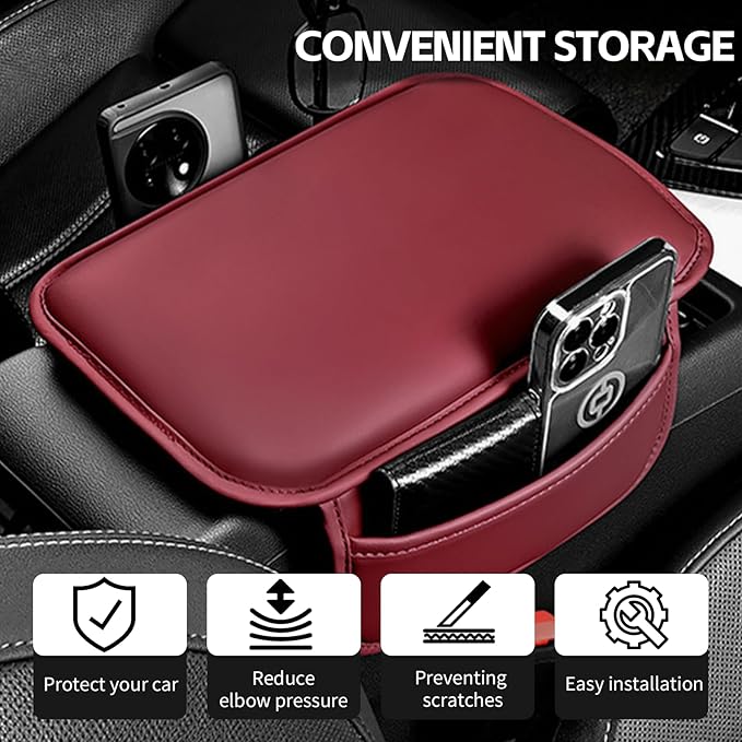 Car Center Console Cover, 11.6"×8.3" Leather Car Armrest Cushion Pad with 2 Storage Pockets, Comfortable Arm Rest Box Cover Mat for Most Vehicles, Universal Interior Accessories (Wine Red)