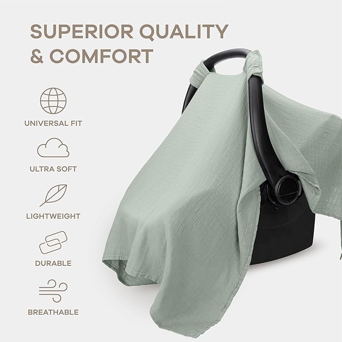 Comfy Cubs Baby Car Seat Cover - Soft, Breathable Bamboo Rayon and Muslin Cotton Blend - Lightweight Canopy for Sun, Bug, and Comfort Protection - Large Size Infant Seat Cover in Fern Design