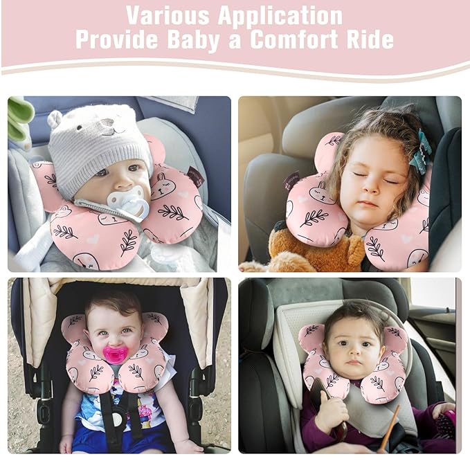 vocheer Baby Travel Pillow(Upgraded), Head and Neck Support Pillow for Pushchair, Car Seat,Stroller, Bouncer, Cotton (White Bear)