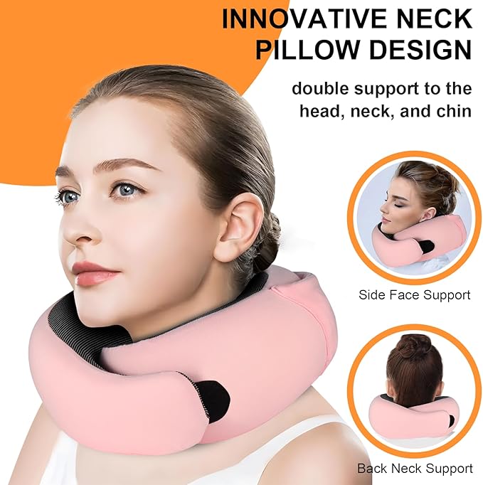 Travel Pillow - Hooded Neck Pillow Airplane Memory Foam Filling for Plane, Office, Cars Sleeping, Road Trip, Long Flights, Airplane Travel Essentials, Includes Eye Mask & Earplugs (Pink)