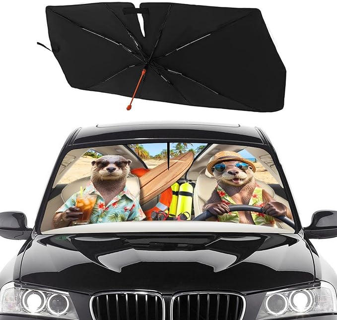 Socira Funny Sea Otters Car Windshield Sunshade Umbrella Foldable Visor Umbrella Sun Shade Cover Sunshade Front Window Cover Car Accessories Blocks Uv Rays (57" X 30")