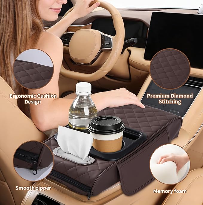 5-in-1 Car Armrest Cushion with Storage, Memory Foam Center Console Organizer W/Cup Holders, Tissue Holder & Phone Slot, Leather Car Armrest Cover Pad, Universal for Cars SUVs Trucks, Brown