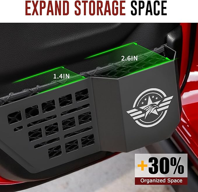 VEILS Rear Door Storage Box for Jeep Wrangler JL JLU 4XE (2018-2025) & Gladiator JT (2020-2025) Accessories, Fits Manual/Power Seats, Heavy-Duty Metal Door Pockets Organizer 2PCS
