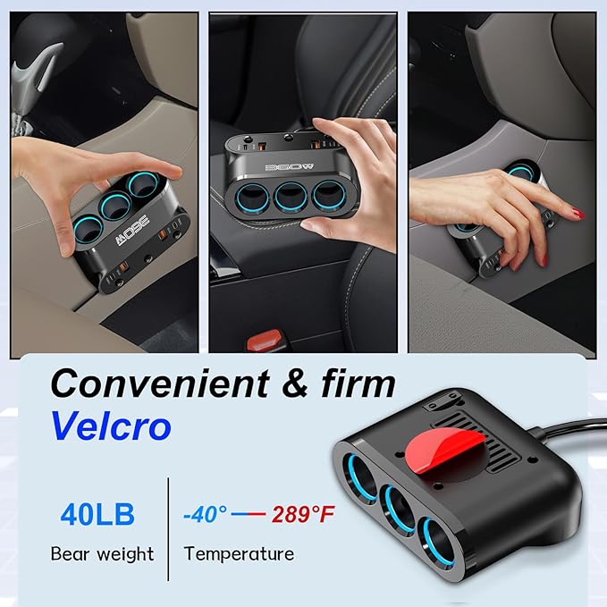 Cigarette Lighter Splitter Adapter 360W: Car 12v Splitter 3 Socket Car Charger Extension Triple USB C 36W and QC3.0 18W Ports 12 Volt Power Outlet DC with Button Switch LED Voltmeter 15A Fuse
