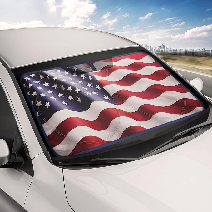 Motor Trend USA Americana Flag Car Windshield Sun Shade for Front Window, Foldable Car Sun Shade with Patriotic Graphic, Collapsible Sun Visor Sunshade for Cars Windshield (Large, 69 x 35 inches)