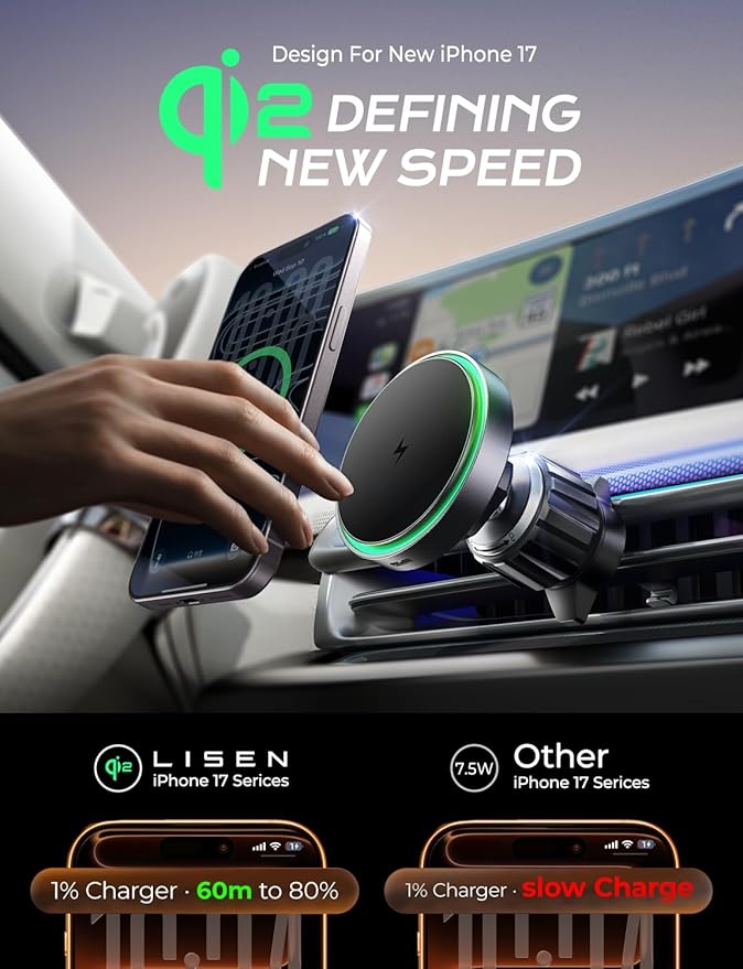 LISEN for Qi2 Car Charger [Pro with Higher Charge Speed],Super Fast Magnetic Car Phone Holder, Qi2 MagSafe Charger Mount for iPhone 17 Pro Max Plus Air 16 15 14 13, Samsung S25/24 with MagSafe Case
