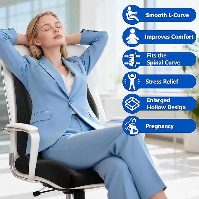 Lumbar Support Pillow for Office Chair,Seat Cushion with Back Support,Office Chair Cushion for Tailbone Pain,Sciatica and Hemorrhoid Relief (Black)