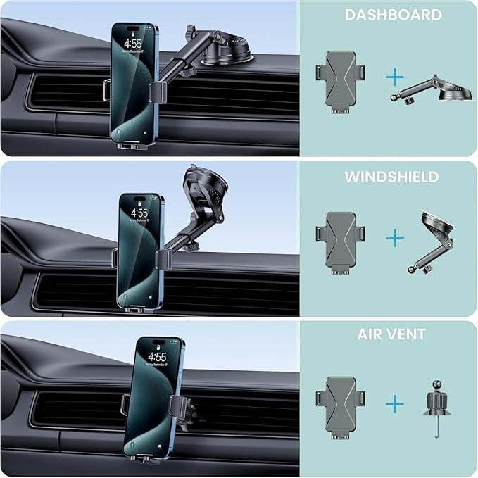 GUWEZ 360° Adjustable Car Phone Holder Universal Hands-Free Mount for iPhone & Android, 3 in 1 Windshield Air Vent Dashboard Hands-Free Car Mount for iPhone Android Smartphone