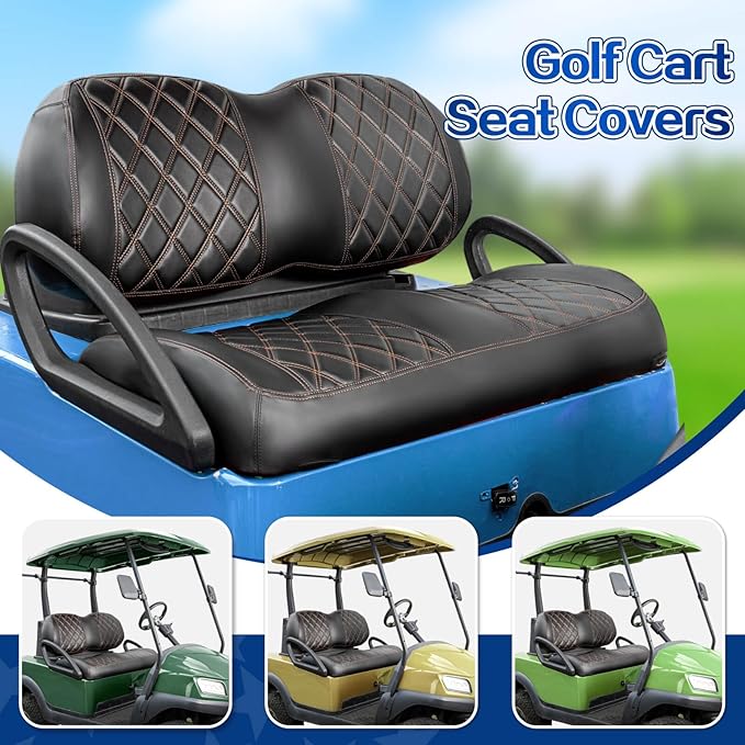 NOKINS Golf Cart P-P Diamond Leather seat Cover for it Club Car Precedent/Tempo/Onward Premium,No Stapler Required, Golf Cart Vinyl Replacement Seat Cover.Black&Brown Stitching