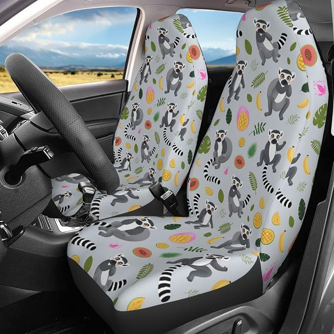 Delerain Car Seat Covers Set 2Pcs, Lemur with Tropical Fruits Universal Front Car Seats Vehicle Enterior Protector Suitable Fits Most Car Auto SUV Sedan Truck