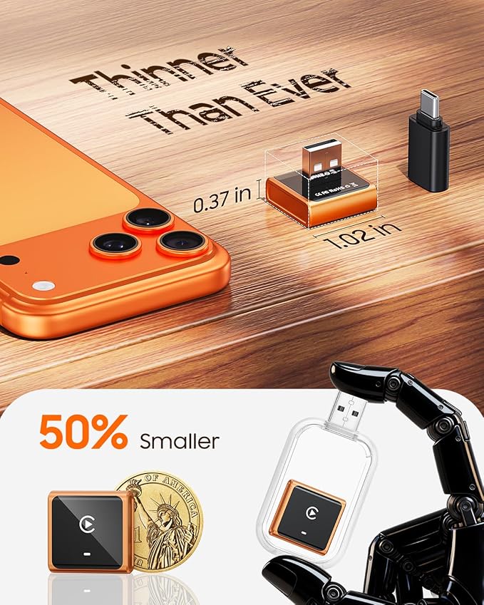 2026 Wireless CarPlay Adapter for Apple Only, Upgrade Mini Aluminium Car Play Adapter Converts Wired to Wireless CarPlay for iPhone, Plug & Play, Auto Connect Fast and Stable, with USB-C, CosmicOrange