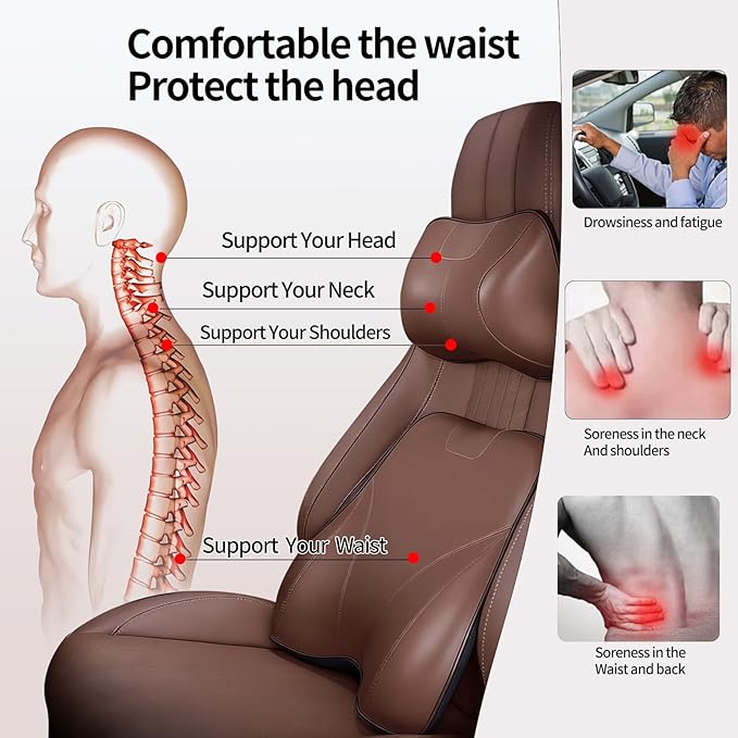 Memory Foam Car Headrest Neck Pillow Lumbar Support Cushion for Tesla Model Y/3/X/S BMW X3 X5 Lexus TX350 NX350 350h RX350 Volvo XC60 XC90 for Long Trips Driving Home Office(Brown)