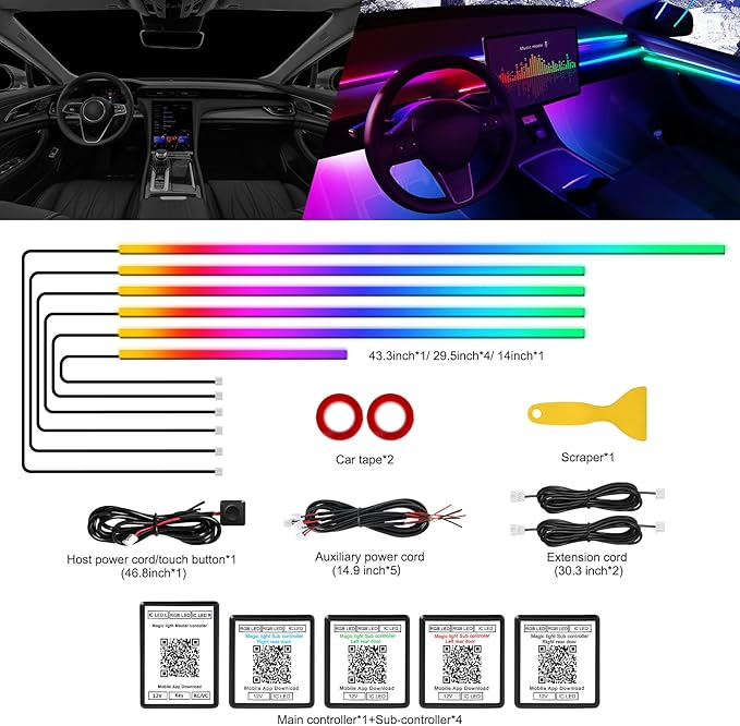 Dreamcolor Acrylic Interior Car LED Strip Light with Wireless APP, RGB 6 in 1 with 175 inches 612 LEDs Fiber Optic Car Symphony Ambient Lighting Kits, Sound Active Function LED Strip for Cars