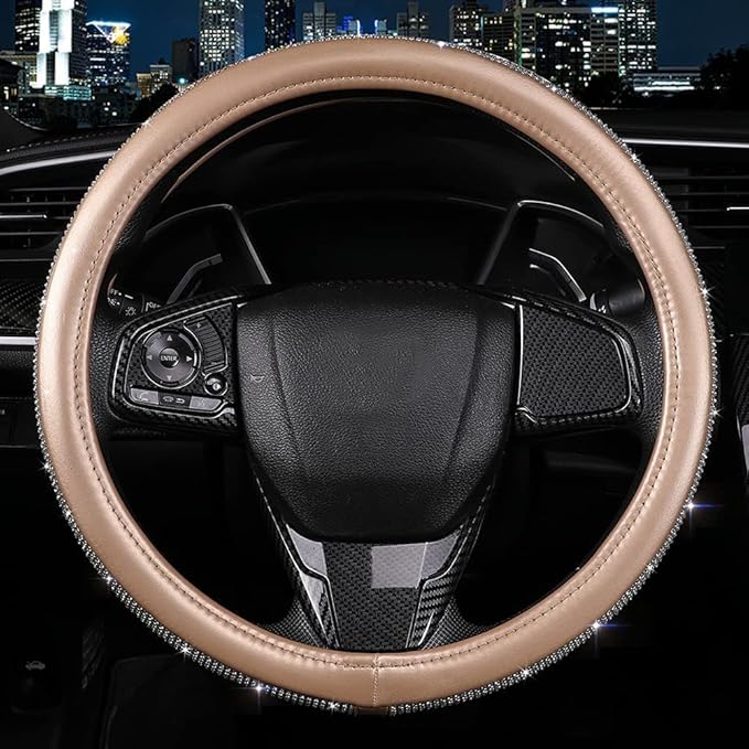 Bling Diamond Leather Steering Wheel Cover, Golden Steering Wheel Covers for Women Girls with Crystal Rhinestones, Universal Fit 14.5-15 Inch Car Steering Wheel Bling Cover Accessories