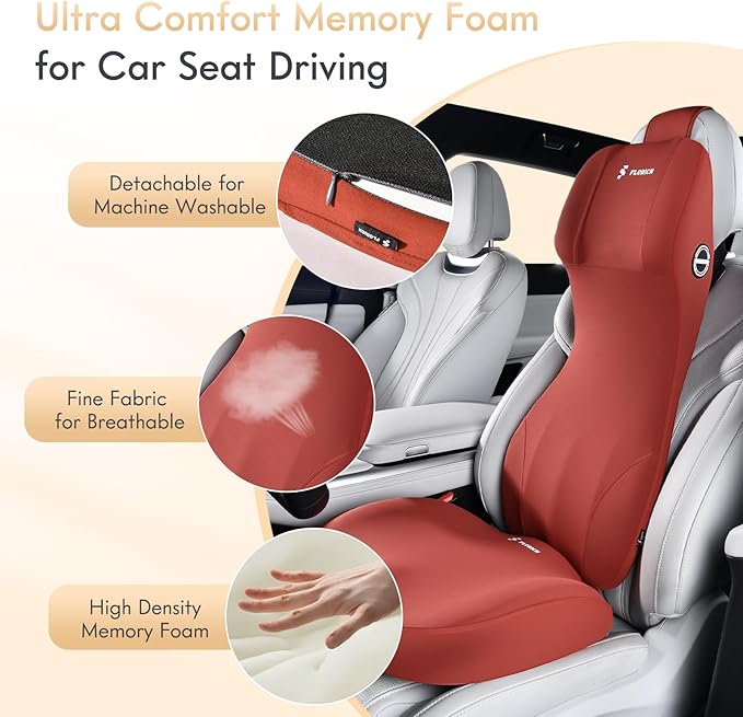 FLORICH Memory Foam Car Seat Cushion with Lumbar Support Headrest Pillow 2-in-1 Ergonomic Back Support and Neck Pillow Car Cushion for Driving Seat Back Rest Pillow Pressure Sciatica Pain Relief, Red