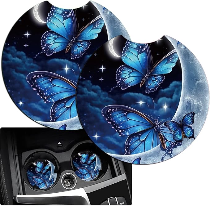 Car Armrest Cover Pads Universal Fashion Cute Auto Center Console Armrest Cover Pad with 2PCS Car Coasters Soft Waterproof Car Armrest Seat Protector for Women Girls, Blue Moon Butterflies