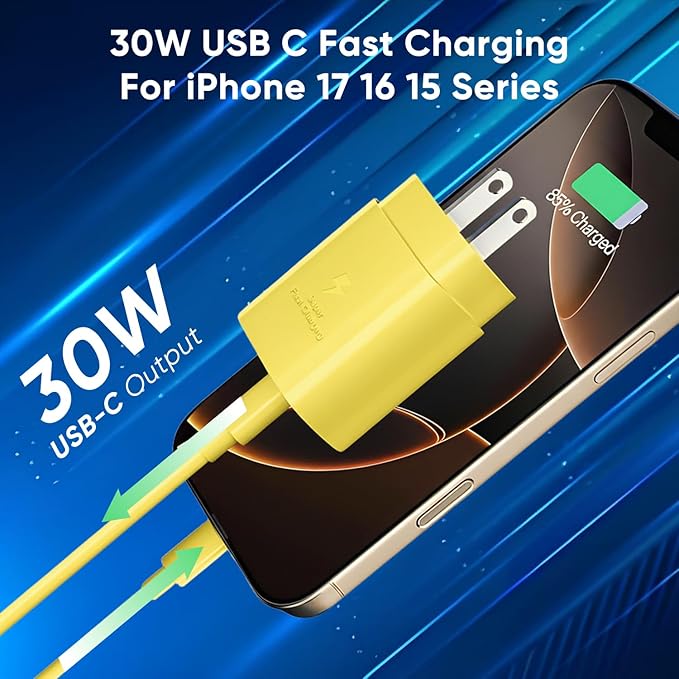 iPhone 16 15 Charger Fast Charging, 30W USB C Charger Block 10FT Cable for iPhone 15 16 Plus Pro Max/iPad Pro/AirPods, PD USBC Power Adapter Wall Plug with Extra Long Type C to C Cord (Yellow, 10FT)