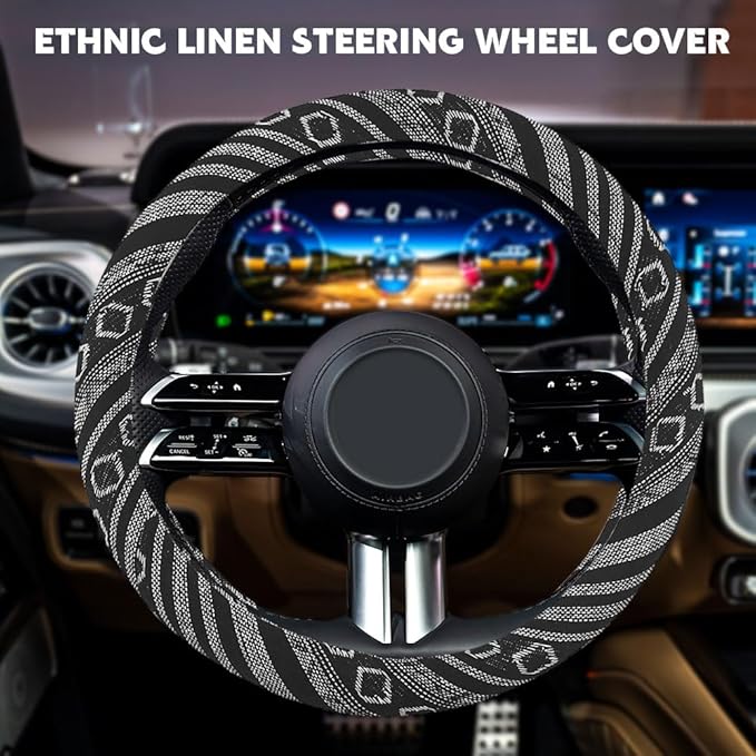 Boho Steering Wheel Cover, Steering Wheel Cover Women, 15 inch Hippie Style Protector Covers, Universal Ethnic Flax Cloth Car Accessories Universal for SUV Van Truck (Hippie-E)