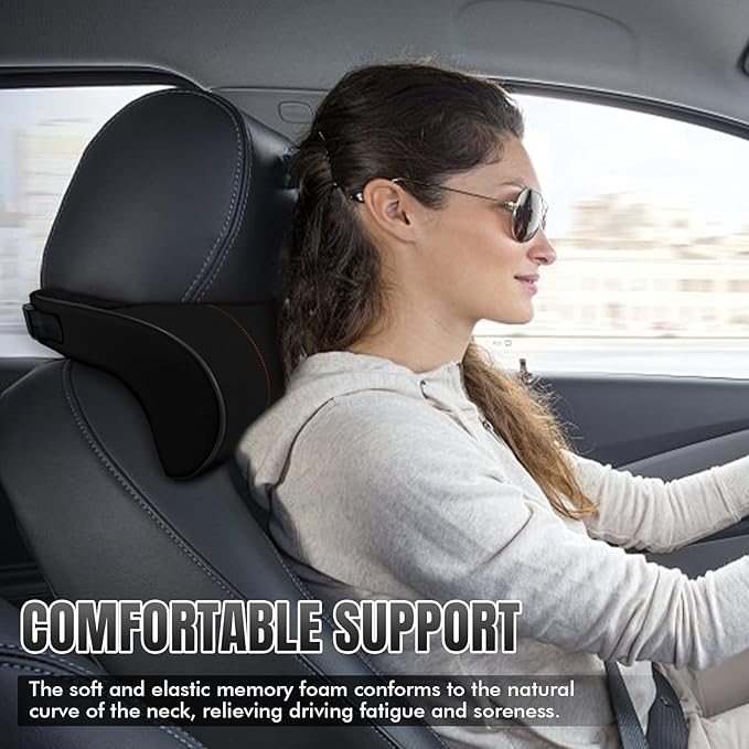 Car Neck Pillow with Memory Foam, Soft Comfortable Headrest Pillow for Driving, Ergonomic Design, Auto Seat Neck Support Pillows Head Rest Cushion with Breathable Leather Cover (Black)