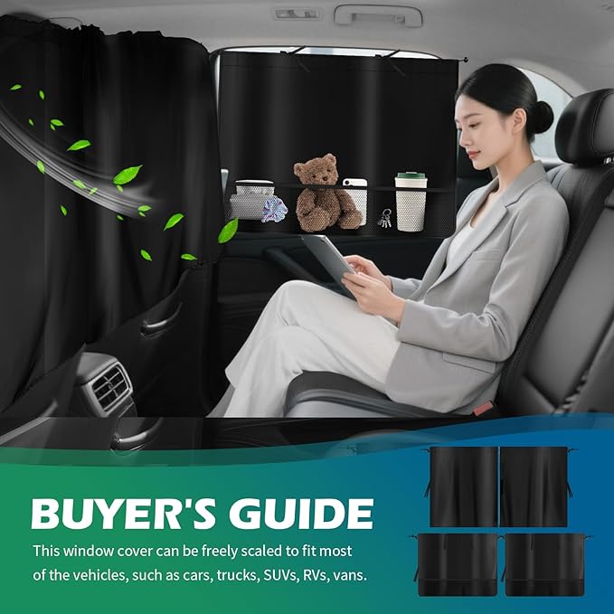 2PCS Rear Car Window Shades+1PC Car Privacy Curtains Kit,Upgraded Window Shade for Cars with 3 Mesh Storage Pockets,Summer Essentials Insulated Windows Cars Shades for Most Vehicle (Storage Pockets)
