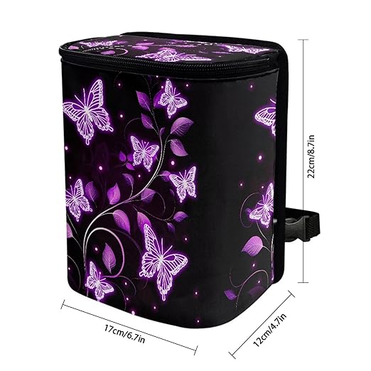 BIGCARJOB Purple Butterfly Print Car Trash Bags Hanging Automotive Car Garbage Bin with Adjustable Straps Reusable Auto Trash Bin Garbage Bags Butterfly Auto Accessories for Front Seat