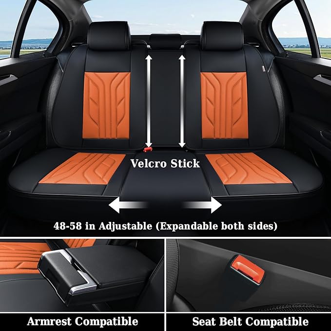 Coverado Car Seat Covers Full Set, Automotive Seat Covers Car Seat Protector Car Seat Cushion, Waterproof Leather Seat Covers for Cars, Universal Fit for Most Sedans SUV Pick-up Truck(Black&Orange)