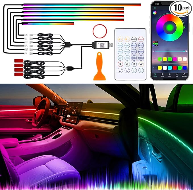 Acrylic Interior Car Lights with Wireless APP/Remote/Button Control, 10 in 1 Dreamcolor USB Car Ambient Lighting Kit 16 Million Colors Neon Strip Accessories for Vehicle Truck Inside Decorations