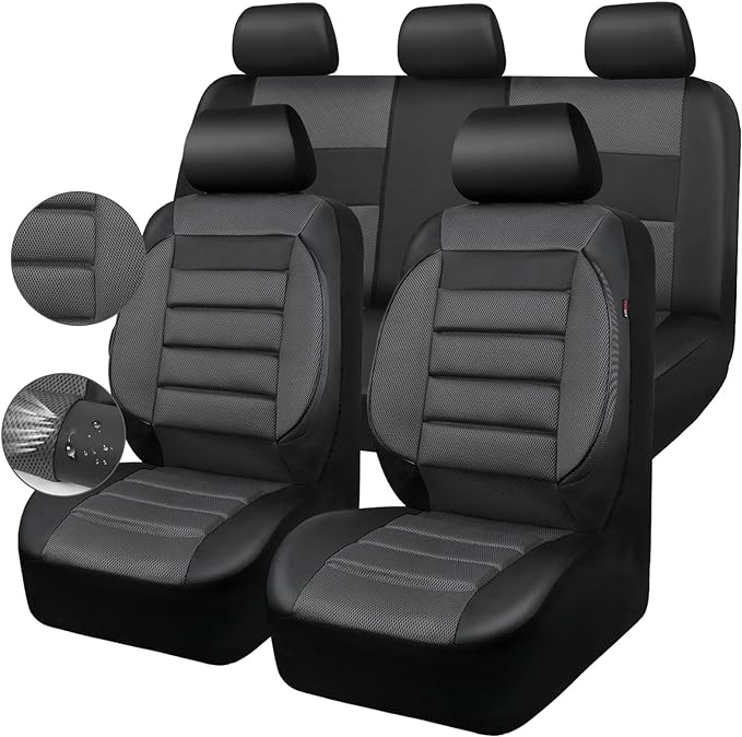 CAR PASS Leather 3D Foam Back Support Car Seat Covers Full Set Air Mesh Automotive Seat Covers, All Season Car Seat Cover Fit Automotive,SUV,Sedan,Van, Airbag Compatible Elegance (Black Charcoal Gray)