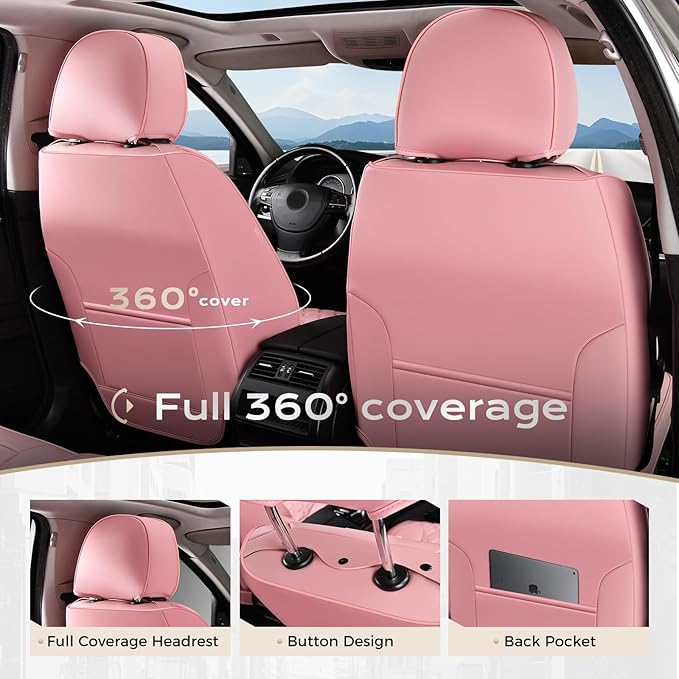 Coverado Full Set Car Seat Covers, Luxury Faux Leather Waterproof Seat Covers, Pink Car Seat Protectors, Universal Fit for Most Cars, Automotive Seat Covers-Pink