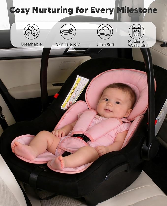 Infant Car Seat Insert for Newborn Girls Boys, 3 in 1 Reversible Cushion for Carseat with Strap Pads Buckle Cover Extra Soft Carseat Support Pad for All Season, Pink